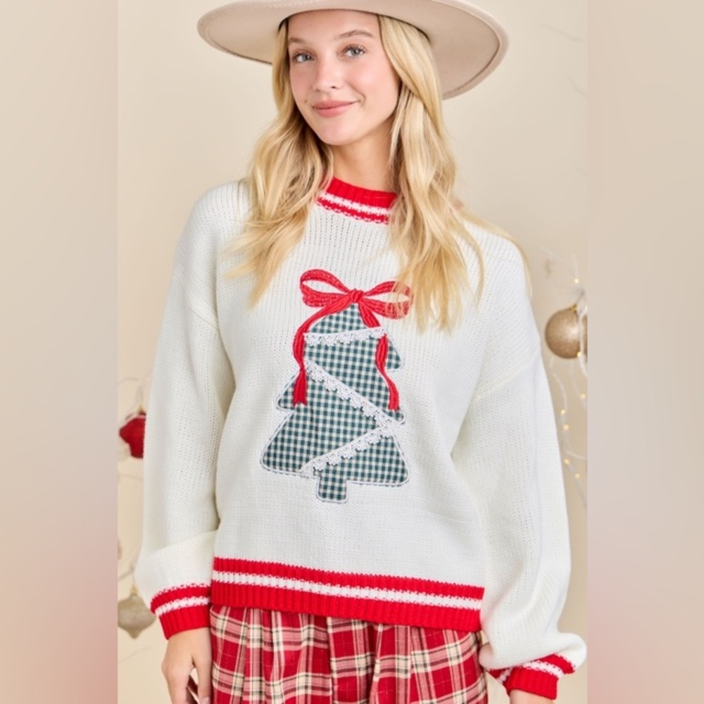 Gingham Christmas Tree Patchwork Sweater With Emb… - image 1